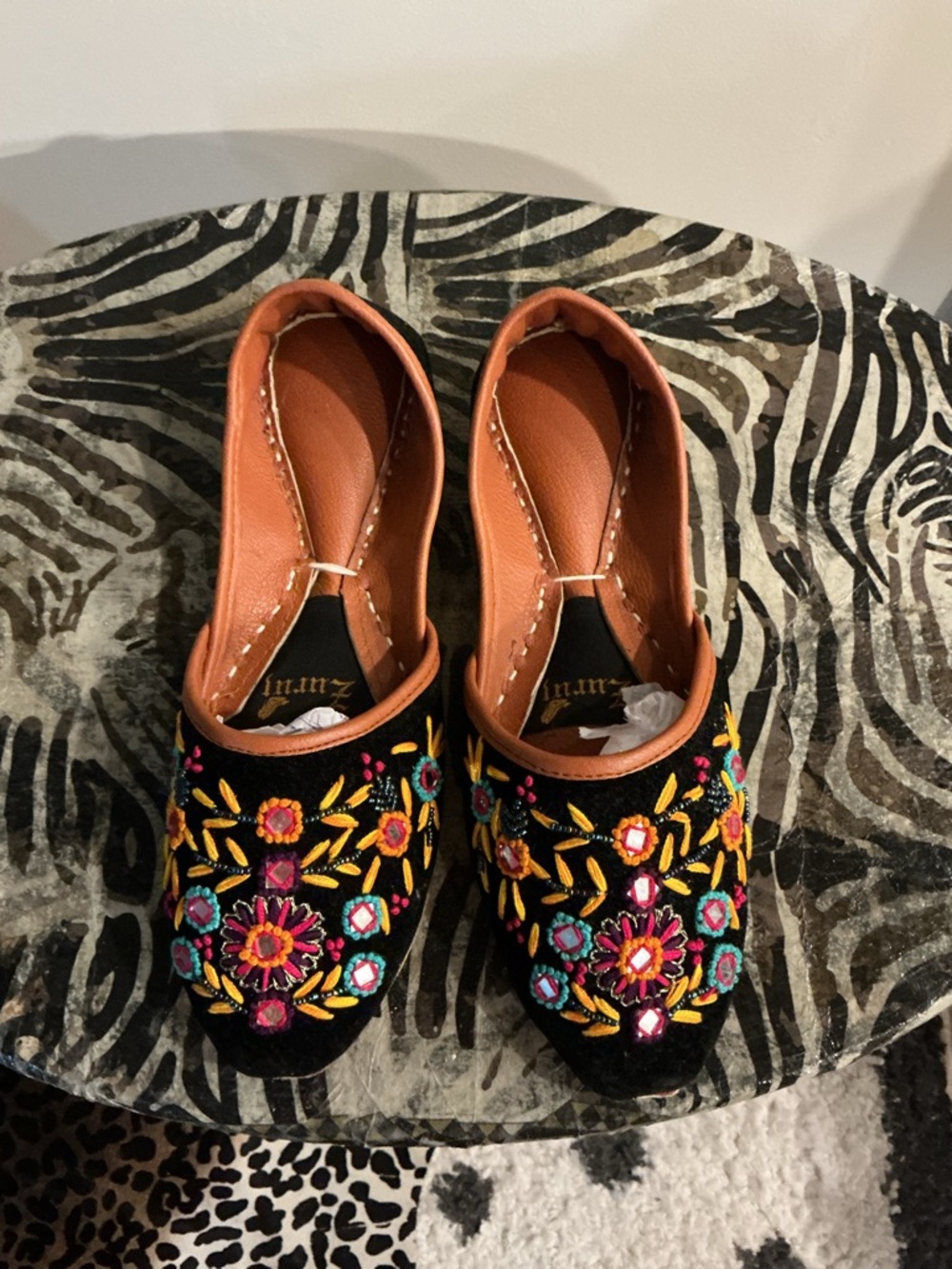 Authentic ZURU Hand-Embroidered Black Floral Moccasins with Colorful Accents